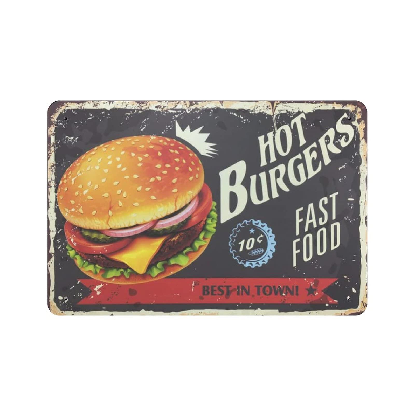 Metal Tin Sign HOT BURGERS FAST FOOD Vintage Tin Poster Metal Sign Wall Decoration Country Kitchen Home Garage Decor 8"x12"