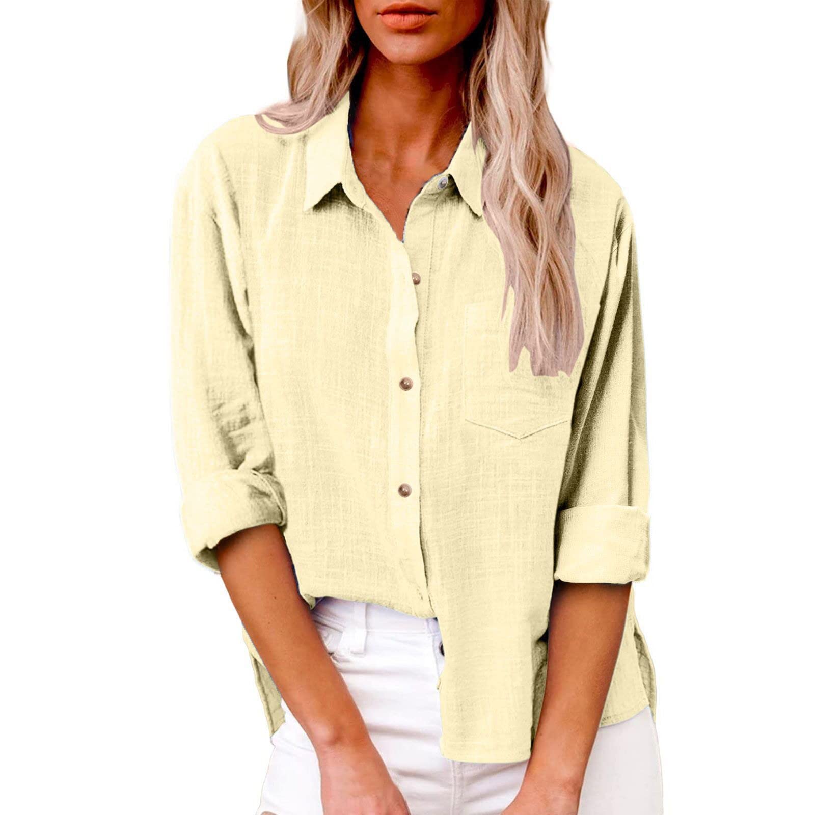Camisa de gasa de lino de manga larga para mujer, de verano, con cuello abotonado, informal, de muselina, a la moda, ajuste holgado, ropa de lino y algodón, camisa de playa con botones para mujer