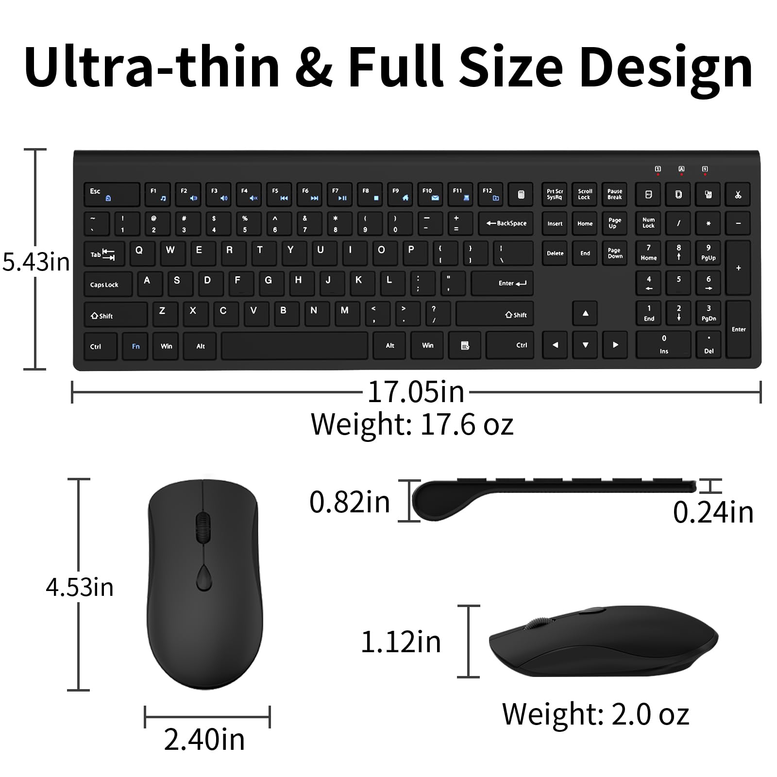 Tastiera wireless e mouse, tastiera silenziosa per computer full-size con pulsante calcolatrice, mouse 2400 DPI, clic silenzioso, set USB sottile senza fili per laptop, PC, Windows Mac, nero