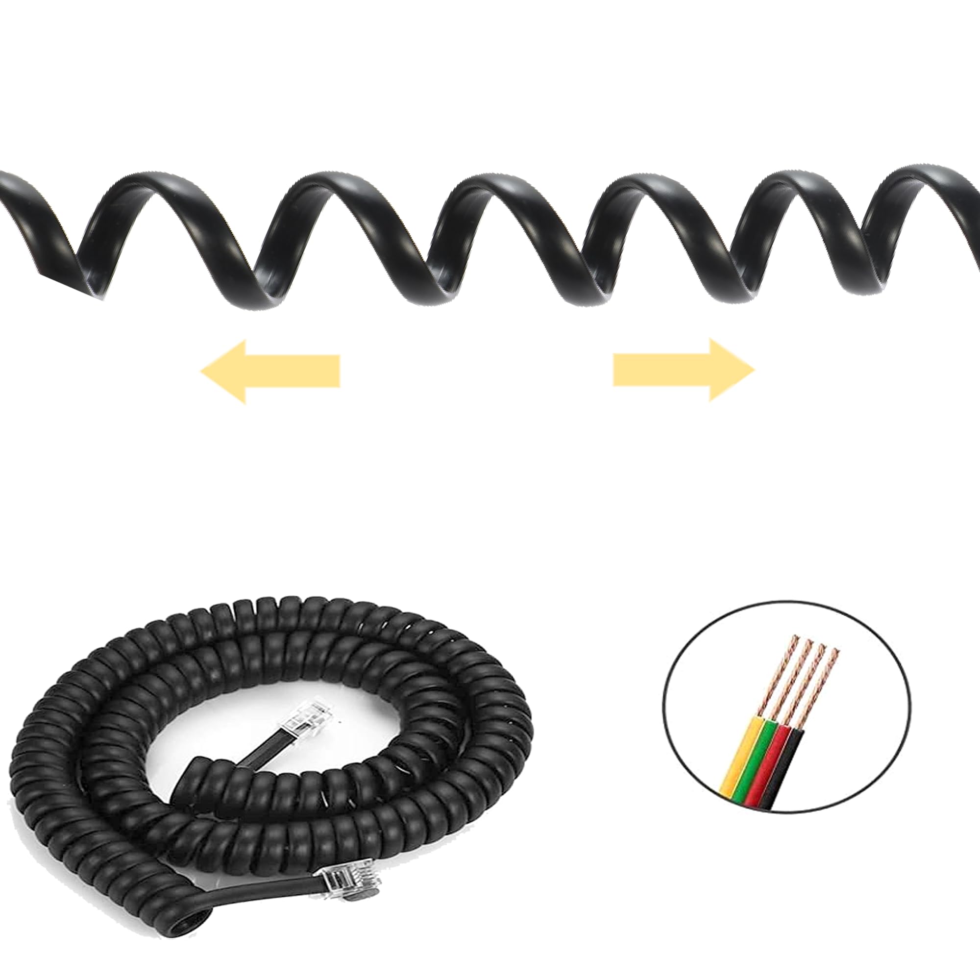 Cavo telefonico Landline8Ft non arrotolato/4 m a spirale per telefono fisso RJ9 4P4C, accessorio telefonico, nero (confezione da 20)