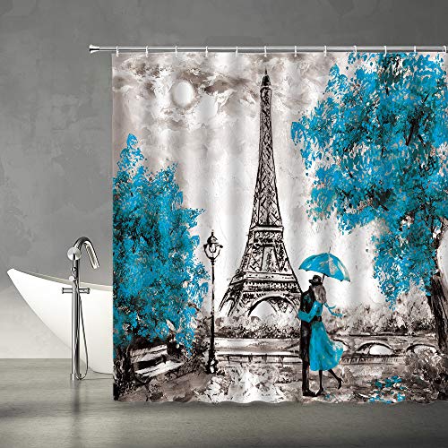 Xzman Oil Painting Paris Shower Curtain Modern Couple European City Landscape France Eiffel Tower Romantic Lover Blue Tree Art Black Gray Vintage Fabric Bathroom Decor Set With Hooks,(70" Wx70 H) #TOP1