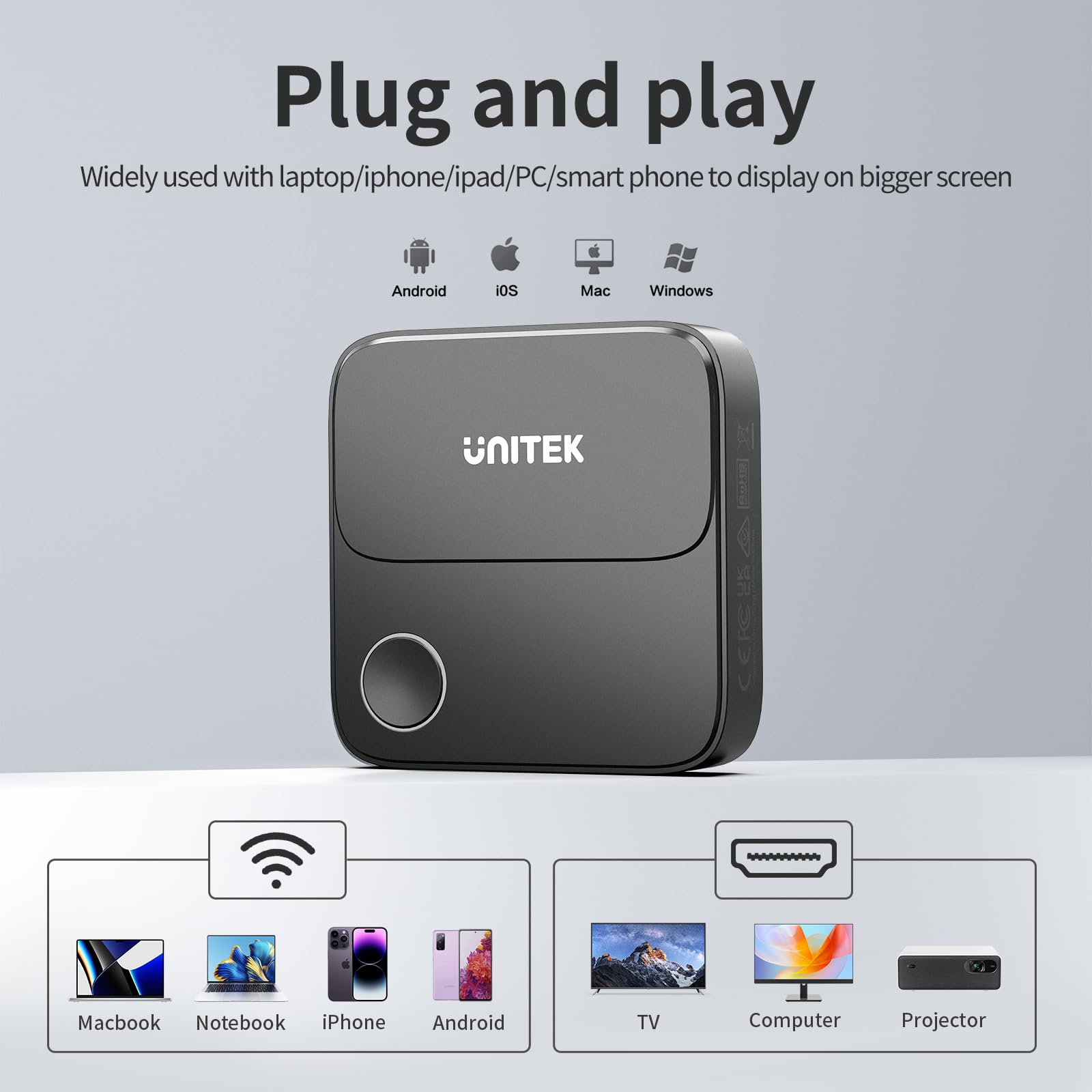 Unitek Adattatore dongle wireless HDMI – 2.4G/5G 4K Screen Mirroring ricevitore TV Casting Device Screen Mirroring Adapter