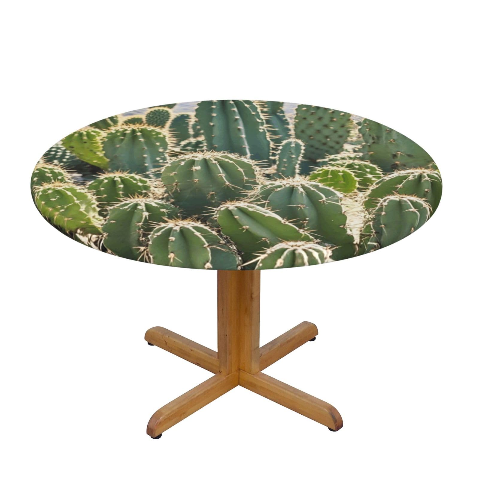 BTCOWZRV Green Cactus Round Spandex Tablecloth 47 Inch, Elastic Fitted Waterproof Tablecloths Stretch Washable Picnic Table Cover for Camping, Dining, Indoor and Outdoor