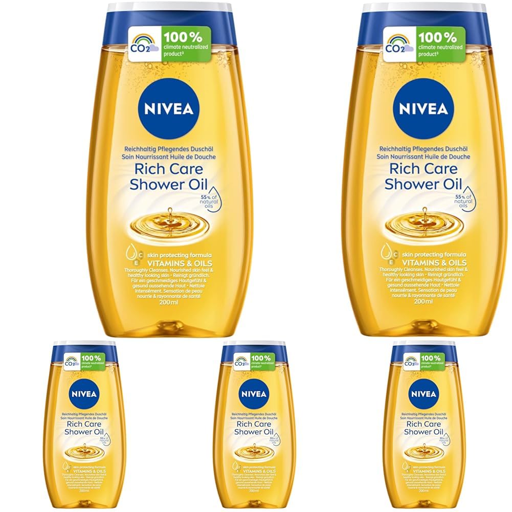 NIVEA Reichhaltig Pflegendes Duschöl (200 ml), sanftes Duschgel mit natürlichen Ölen und Vitaminen, reichhaltige Pflegedusche für ein geschmeidiges Hautgefühl (Packung mit 5)