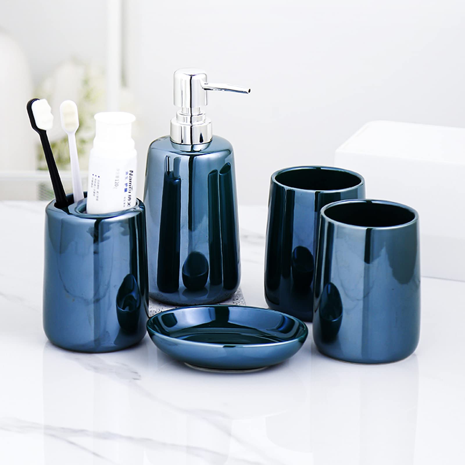 Juego De Accesorios De Baño Moderno De 5 Piezas Accesorios De Baño con Jabonera Dispensador De Jabón Vaso De Cepillo De Dientes Portacepillos De Dientes Cerámica Reflectante,Azul