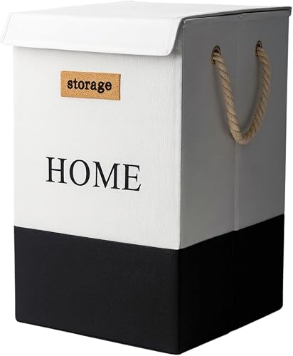 Eco Home Cesto Organizador Dobrável Multiuso , Branco e Preto, com Tampa e Alças de Corda, para Roupas e Armazenamento Doméstico, 55cm