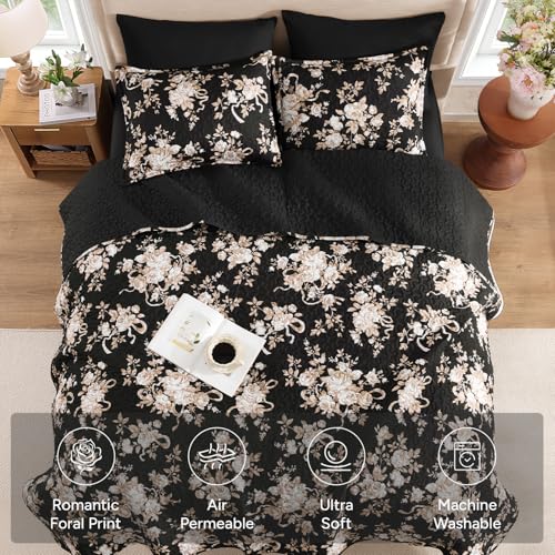 Image of Andency Quilt Queen Size, Black Flower Bedspread Queen Size, 3 Pieces Soft Bedding Set, Lightweight Coverlet Set for All Season with 2 Pillowcases (96 inchx90 inch)