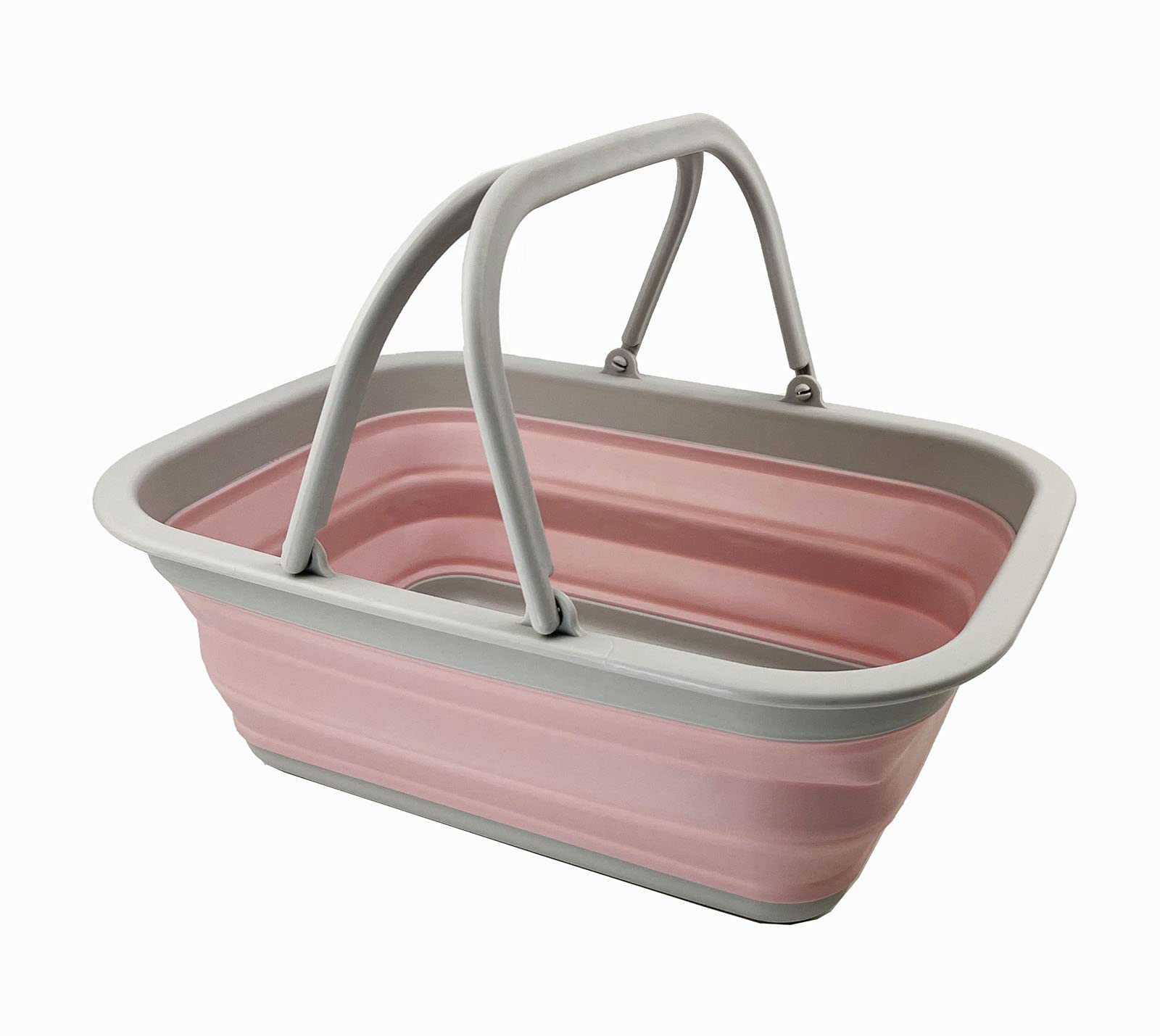 SAMMART 9.2L Collapsible Tub with Handle - Portable Outdoor Picnic Basket/Crater - Foldable Shopping Bag - Space Saving Storage Container (Grey/Pale Pink)