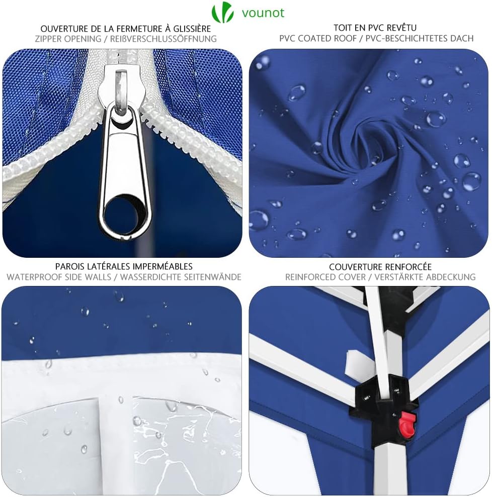 Close-up images of zipper opening, PVC coated roof, waterproof sidewalls, and reinforced cover