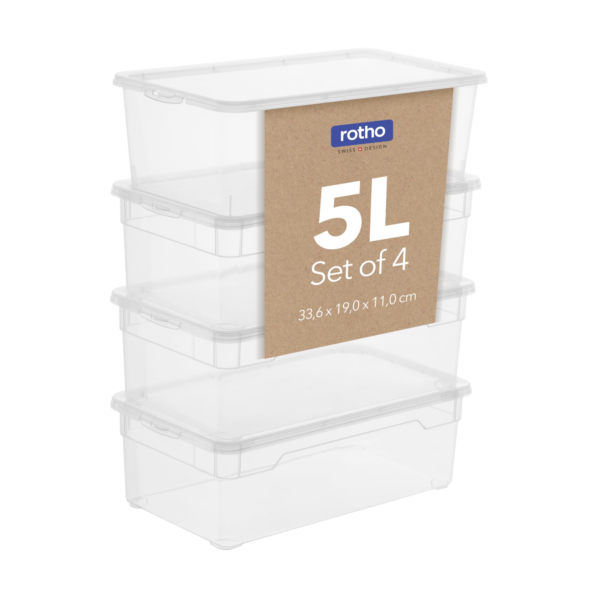 Rotho Clear 4er-Set Aufbewahrungsbox 5l mit Deckel, Kunststoff (PP) BPA-frei, transparent, 4 x 5l (33.0 x 19.0 x 11.0 cm)