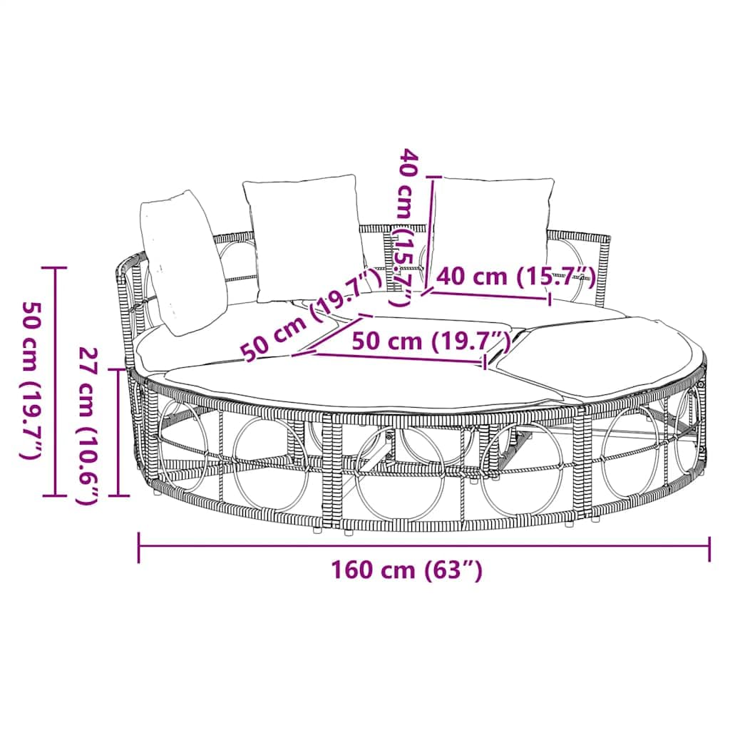 Lettino lounge per esterni senza tetto, in rattan sintetico, diametro 160 cm, con cuscino rimovibile, lettino da giardino resistente alle intemperie come isola solare e lettino relax per