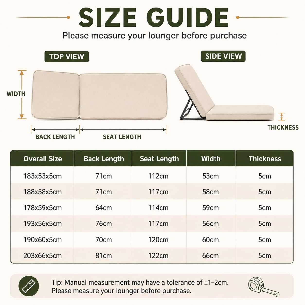 Cojin Tumbona, Cojines Tumbonas Jardin Exterior Impermeables, Colchoneta De Espuma 50D para Silla Terraza con 6 Cintas De Sujeción Y Doble Ribete,Offwhite,188x58x6cm