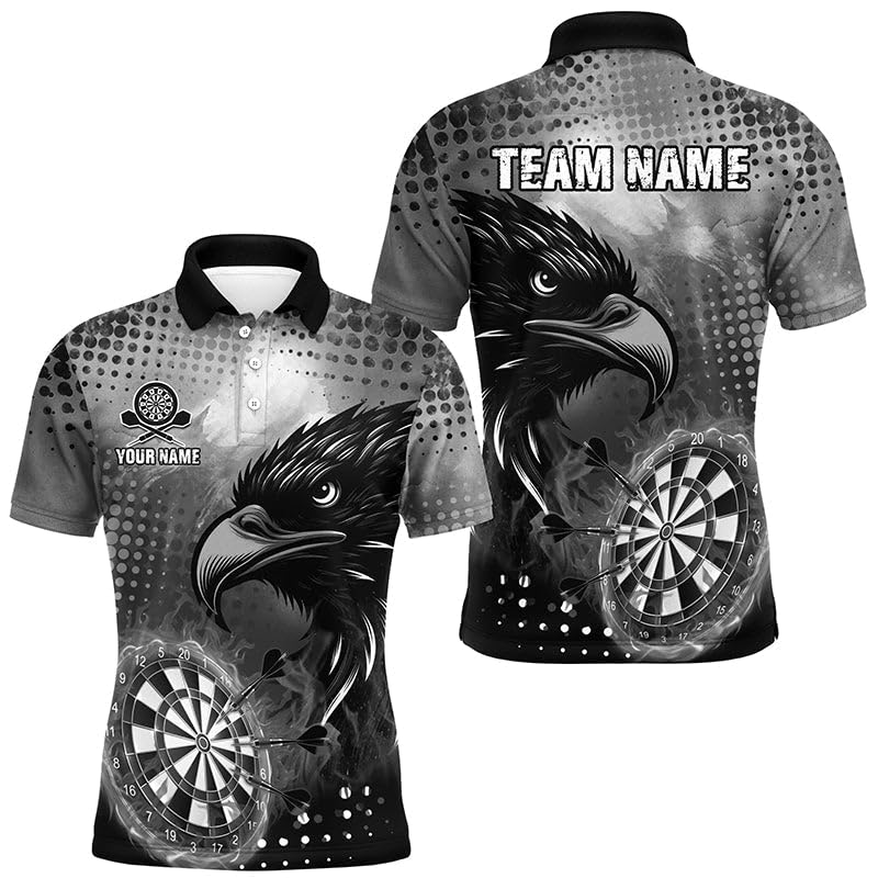 Personalisierte graue Dartboard-Feuer-Adler-Dartshirts für Herren & Damen, Coole Dart-Team-Trikots T1864