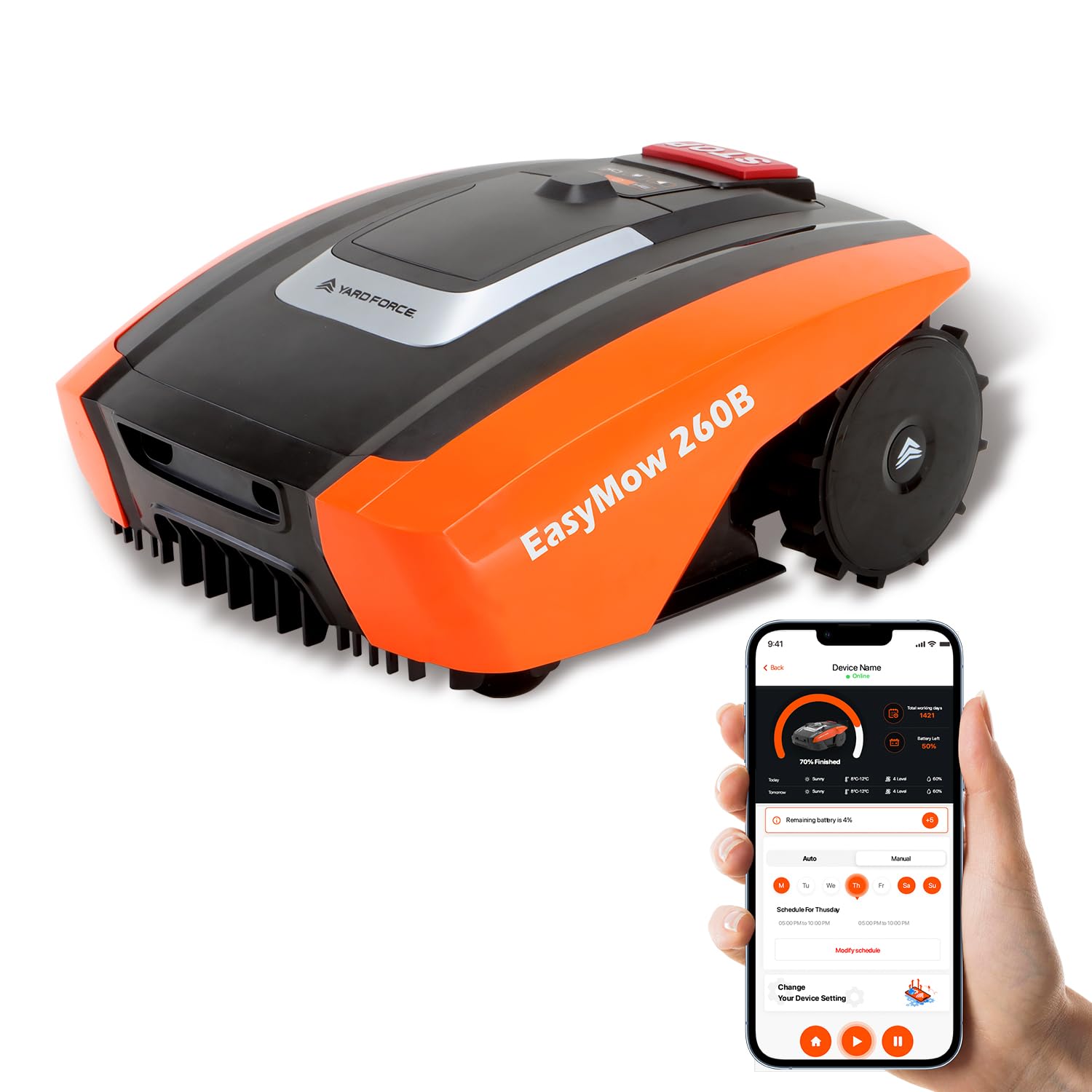 Yard Force Robot Tondeuse Easymow 260B pour Jardins jusqu'à 260m². Noir/Orange