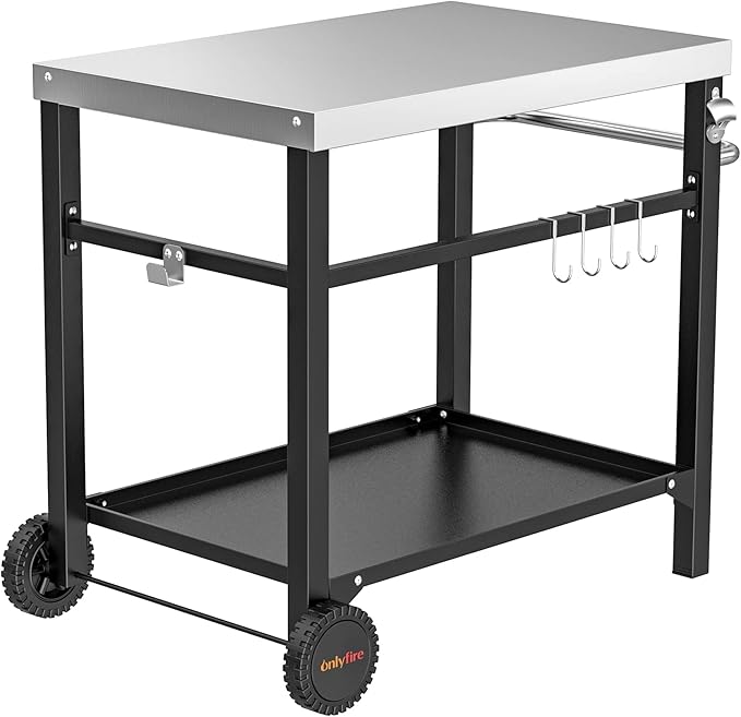 Onlyfire BBQ Serving Trolley Table, Stainless Steel Flattop Worktable