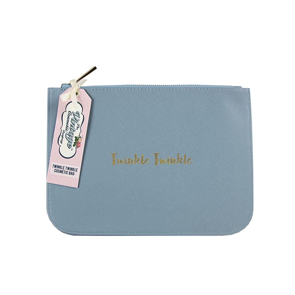 The Vintage Cosmetic Company Blue Cosmetic Bag, Twinkle Twinkle Little Star Faux Leather Design, Clutch Make Up Bag for Handbag with Zip, Blue and