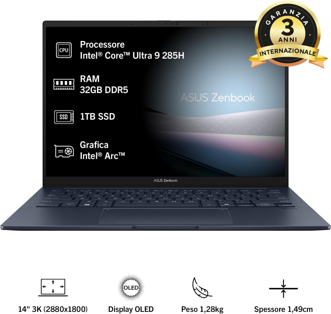 ASUS Zenbook 14 UX3405CA, Notebook con Monitor da 14" OLED, 120Hz,Intel® Core™ Ultra 9 Processor 285H,RAM 32GB, 1TB SSD, WIN11 Home, Blu