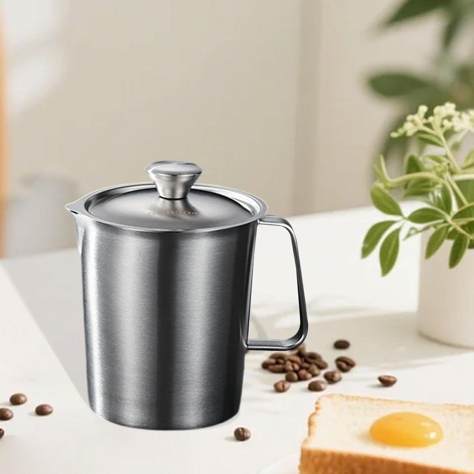 Gralara Vaso Medidor Acero Inoxidable Taza Medidora Jarra con Tapa Indicador Mililitros Onzas Asa Práctica Adecuada para Cocina Cafetería Panadería, 1000ml