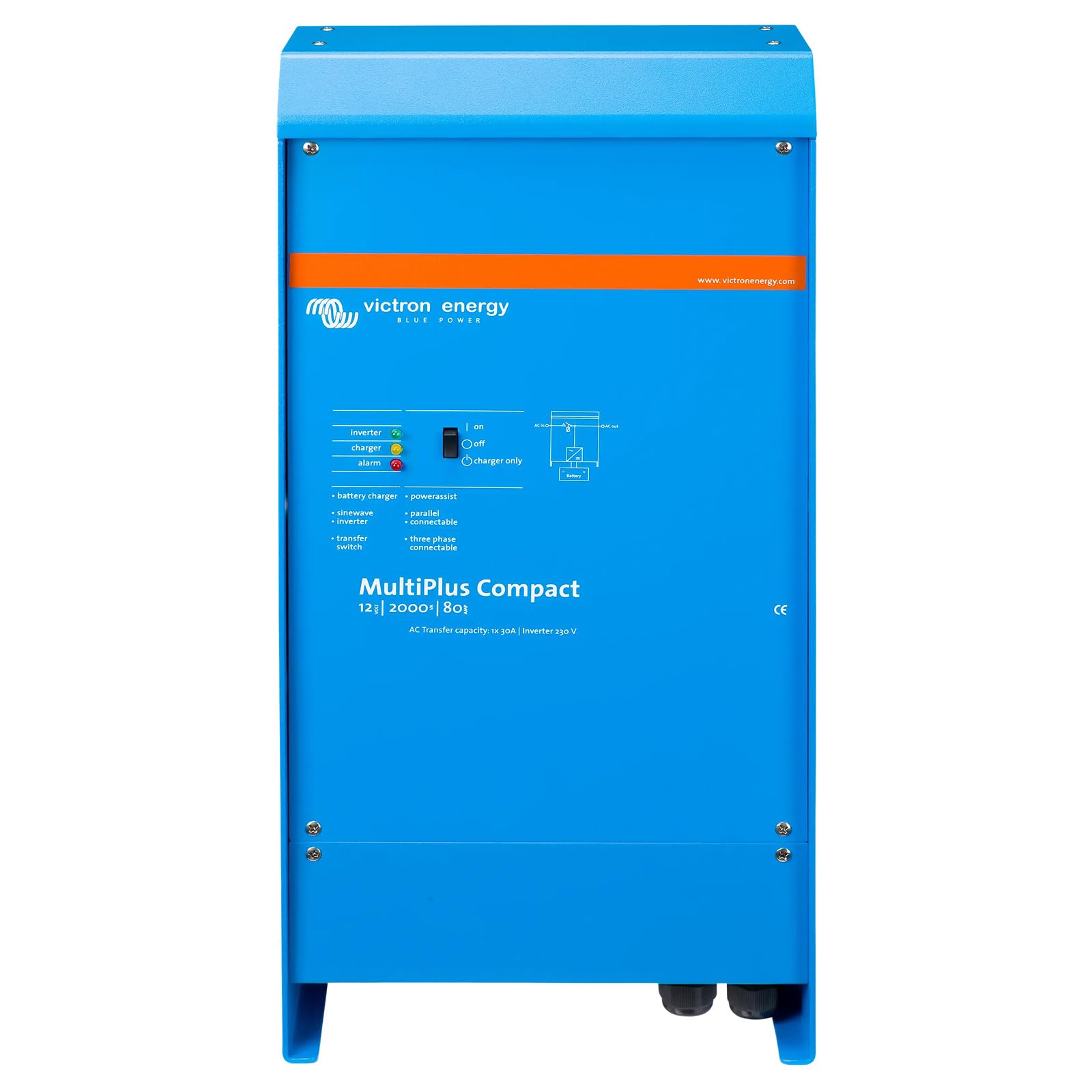 Victron Energy MultiPlus Reiner Sinus Wechselrichter 80 Amp Batterie Ladegerät, Spannungswandler, Transferschalter Inverter Kompakt, 2000VA 12-Volt 230V