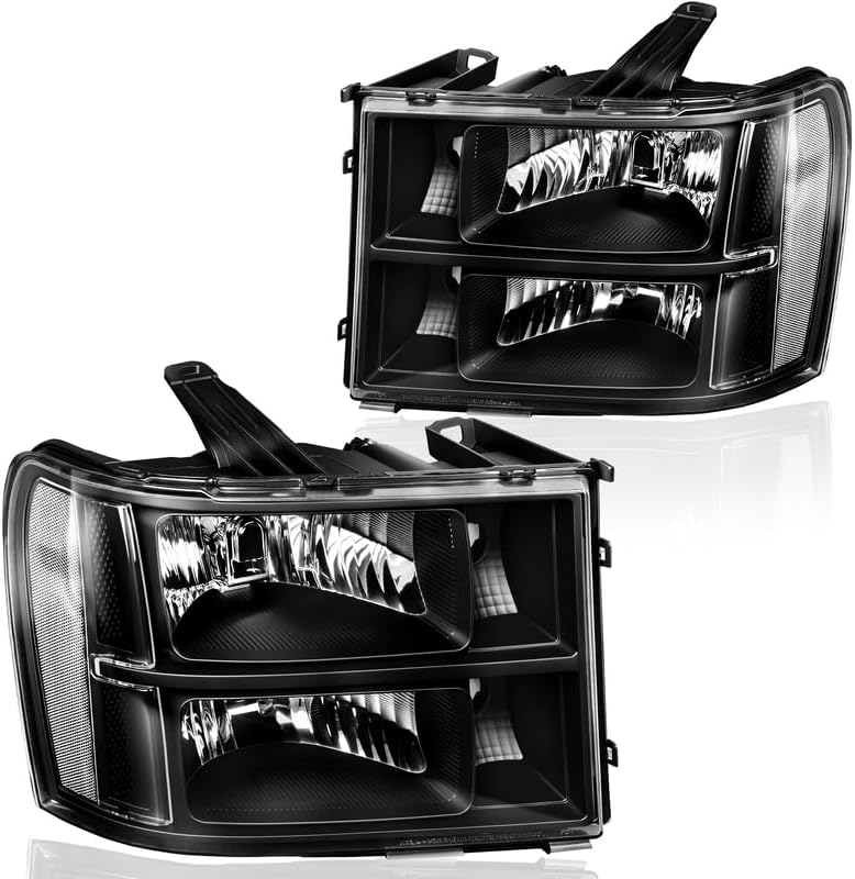 Headlights Replacement for 2007-2013 GMC Sierra 1500/2007-2014 Sierra 2500HD 3500 HD Headlamp Assembly Black Housing Clear Reflector, One-Year Warranty (Passenger and Driver Side)