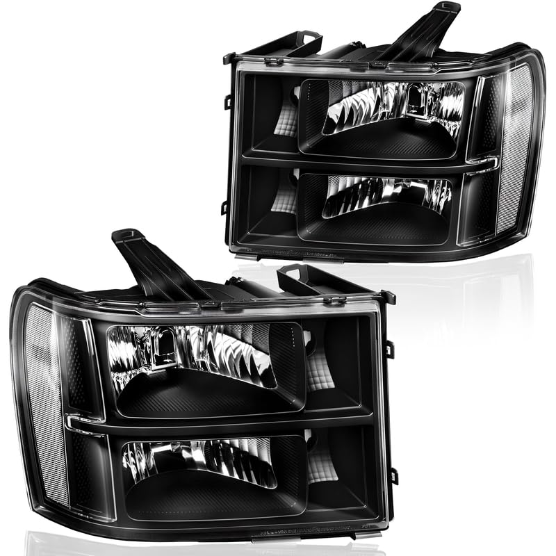 Headlights Replacement for 2007-2013 GMC Sierra 1500/2007-2014 Sierra 2500HD 3500 HD Headlamp Assembly Black Housing Clear Reflector, One-Year Warranty (Passenger and Driver Side)