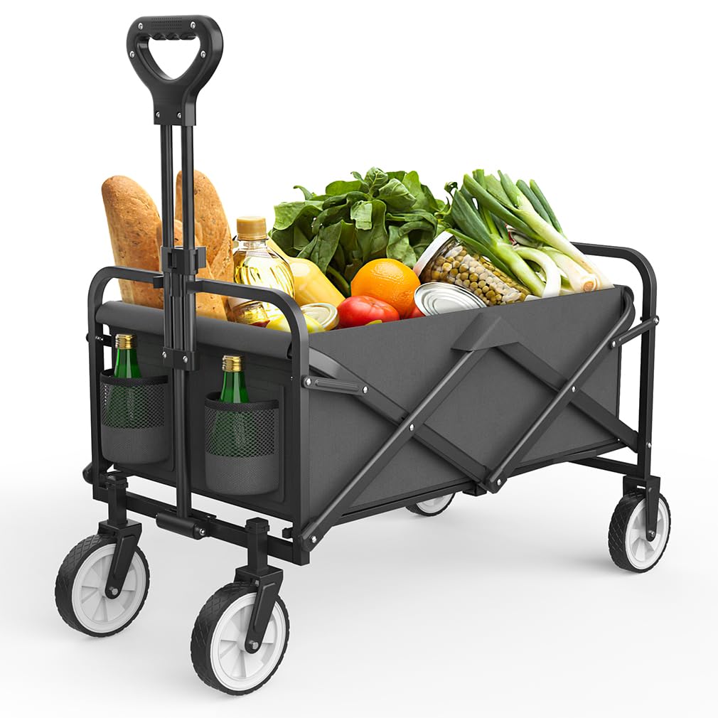 HOMGIM Collapsible Folding Wagon, Heavy Duty Utility Beach Wagon Cart with Side Pocket, Large Capacity Foldable Grocery Wagon for Garden Sports Outdoor Use
