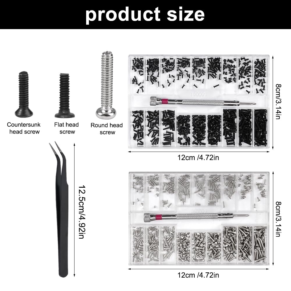 1000 Pezzi Micro Viti Kit di Strumenti di Riparazione Viti Mini set di viti per Occhiali, Set Di Viti con Cacciavite, M1.2 M1.4 M2, Testa Piatta, per Orologi, Occhiali, Laptop