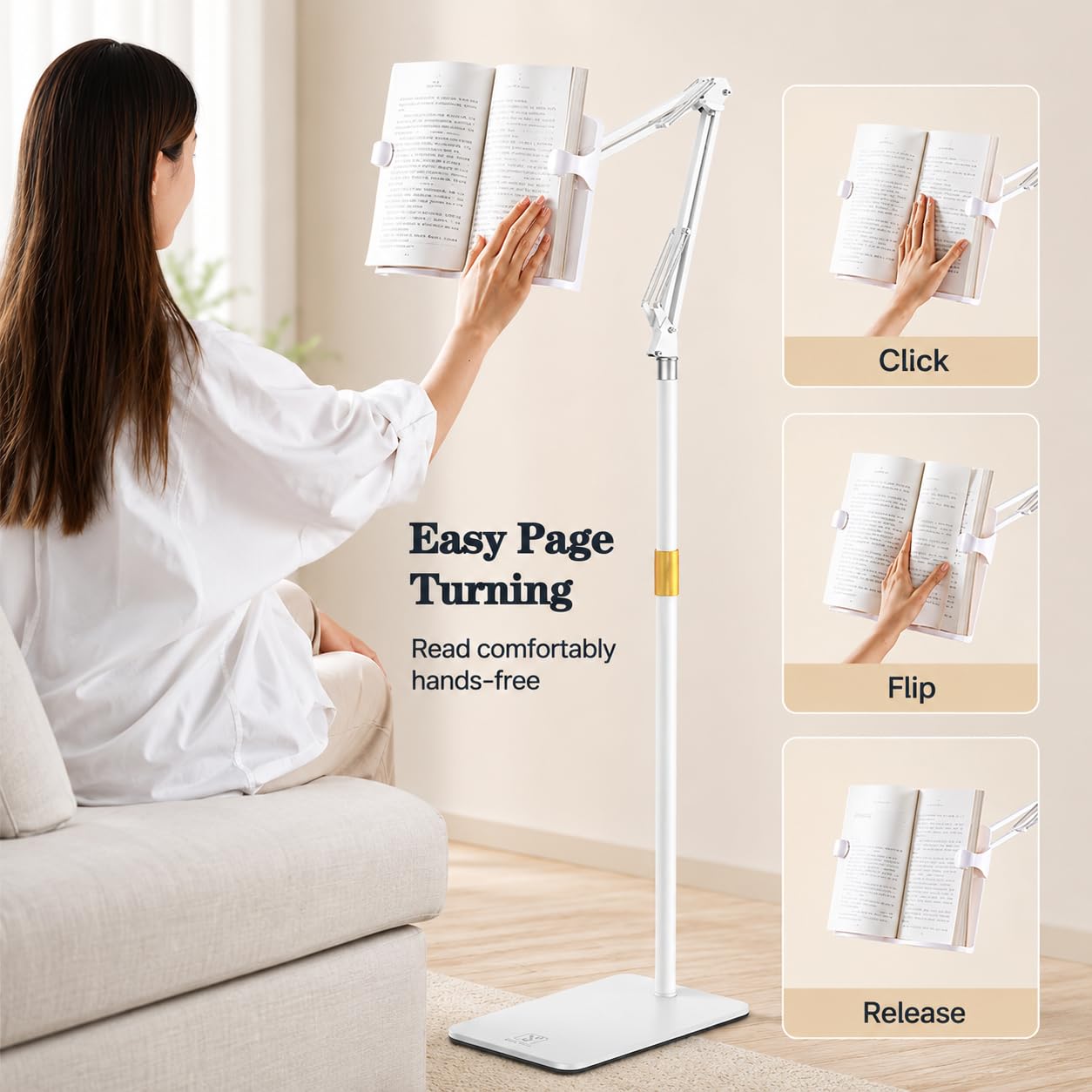 Support roulant à hauteur réglable pour livres, livres de cuisine et tablettes, support de lutrin extra large, blanc