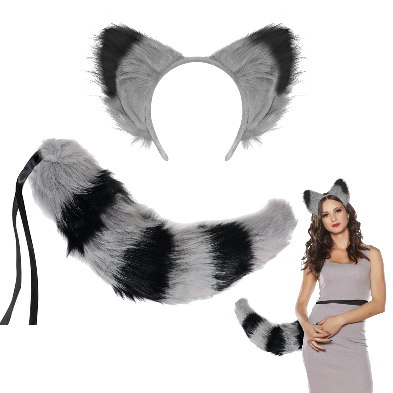 XINCHIA Faux Fur Fox Cat Ears Headband Tail Set Fluffy Wolf Fox Cosplay Costume Hair Hoop Long Tail Kit Animal Dress Up Fancy Dress Hairband Accessories Halloween Role Play Party Costume for Adults