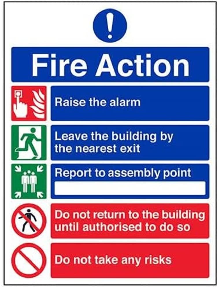 V Safety General Fire Action 5 Message Risks Sign - Portrait - 300mm x 400mm - 1mm Rigid Plastic