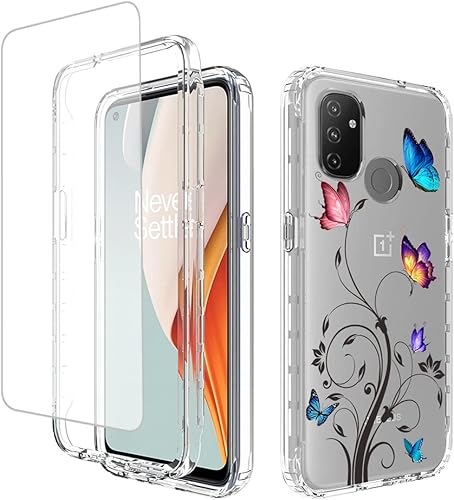 Miniatura 8 de Funda para OnePlus Nord N100 BE2013 con protector de pantalla de vidrio templado, lindo patrón floral transparente de cuerpo completo protector para