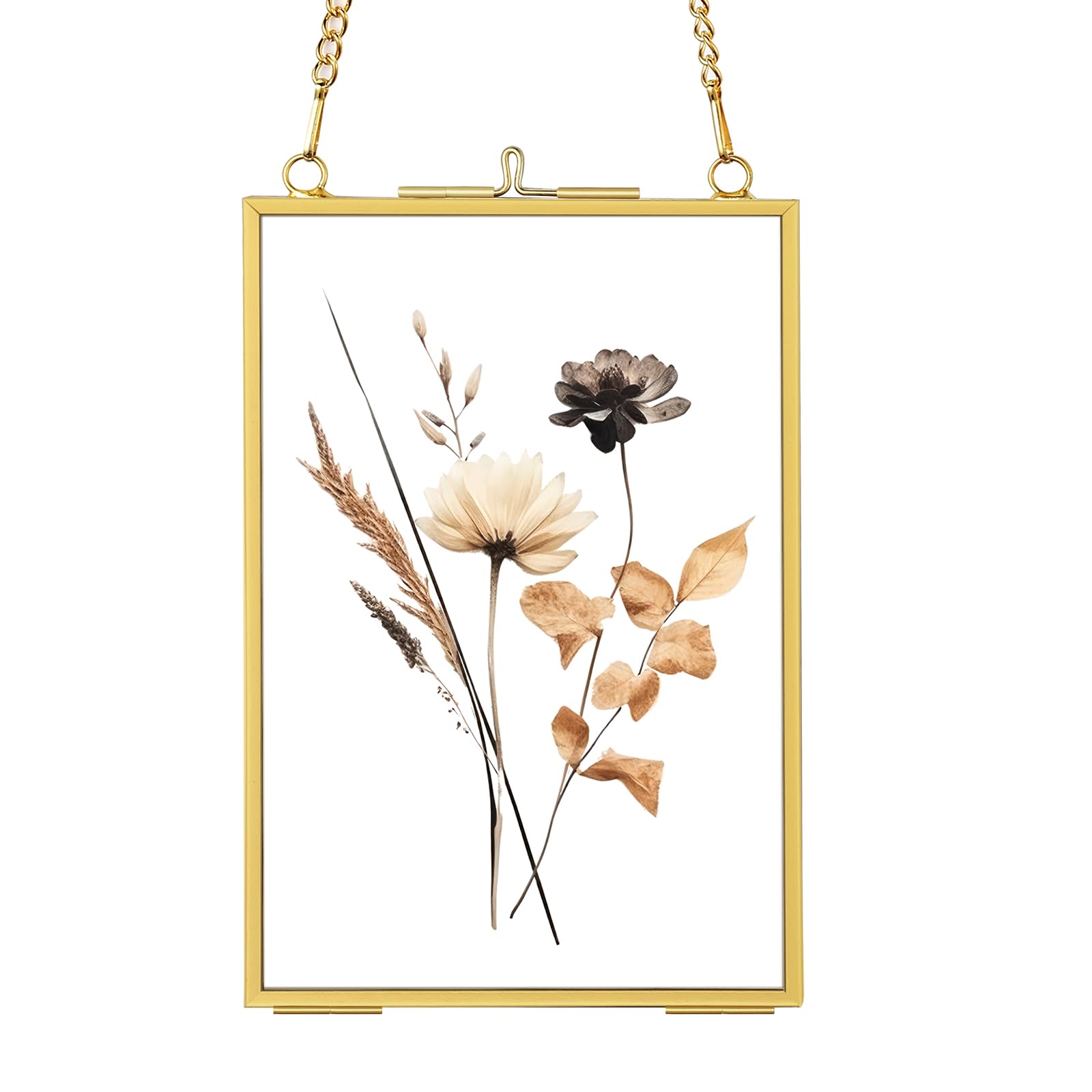 4x6 Gold Floating Picture Frames, Double Glass Hanging Frame for Pressed Flower, Vintage Brass Photo Frame with Metal Chain for Wall Mount, Small