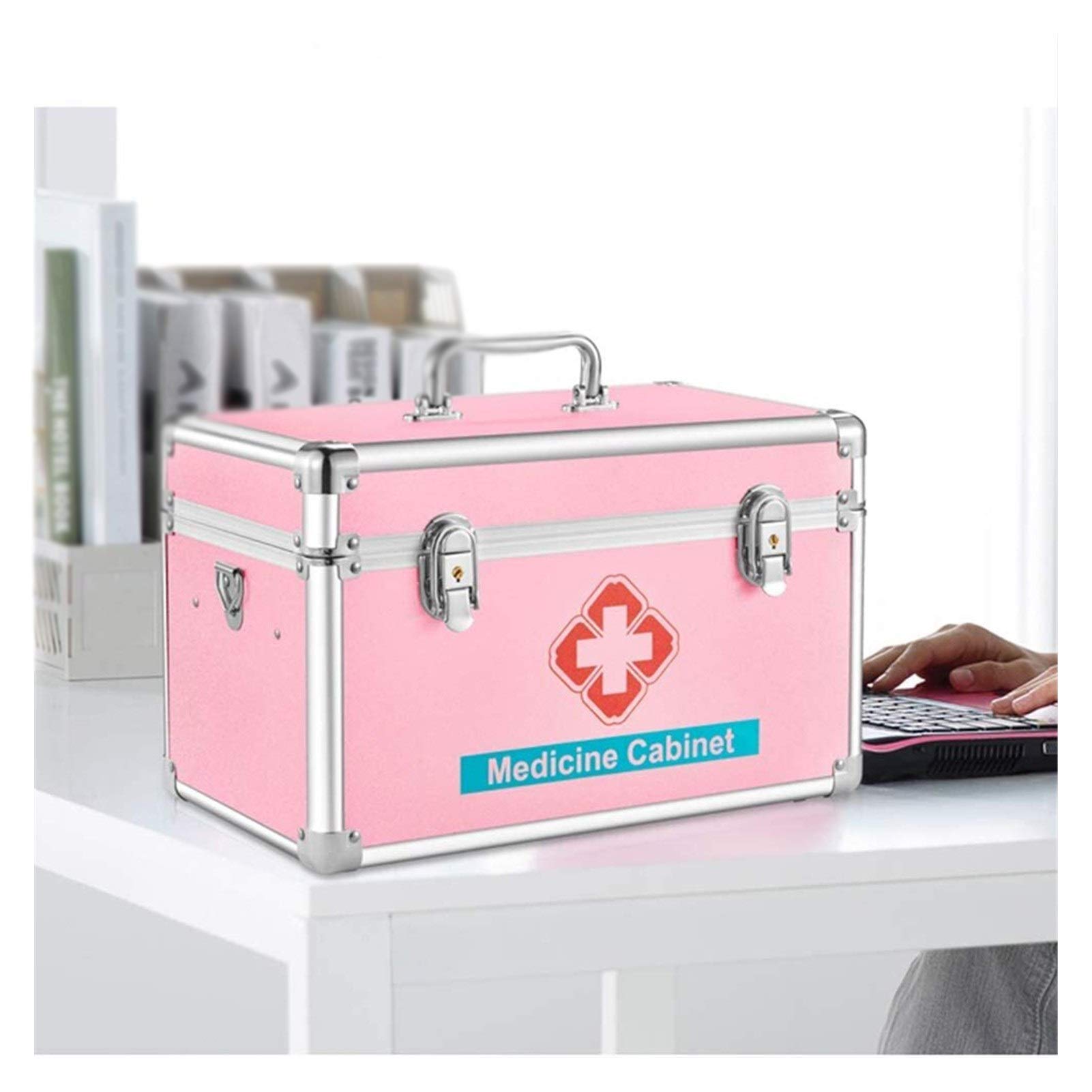 WGLG Lockable Medicine Box,2 Layer First Aid Case Aluminium Container Emergency Cabinet for Trucks, Car, Camping and Outdoor Preparedness 108 (Color : Pink, Size : 40.5 × 23 × 22cm)