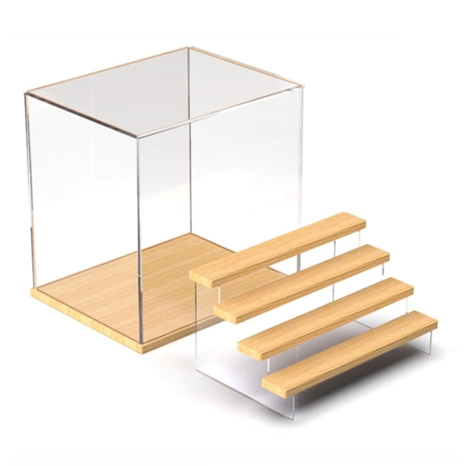 Vibeo 5 Tier Acrylic Display Case Stand, Stackable Clear Acrylic Storage Box with Solid Wood Base, Removable Built-in Display Stand Organizer