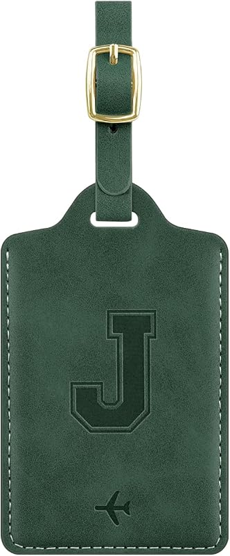 Simikol Luggage Tags for Suitcase Personalized Initial Leather Bag Tags | Embossed Travel Tags, 3 Info Cards, Privacy, Travel Essentials, Monogrammed Letter, Backpack Tags, Women & Men, Pine Green J