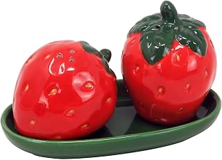 Juego de salero y pimentero de cerámica esmaltada con forma de fresa, con base, color rojo, verde oscuro, 14 cm