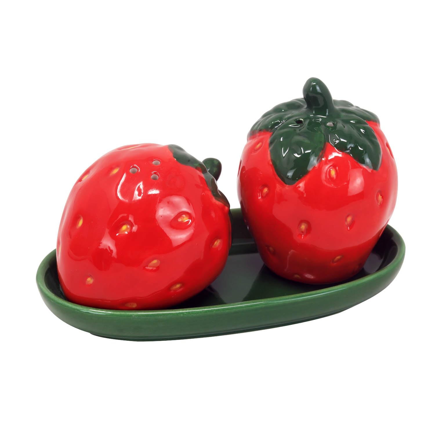 Salière et poivrière en céramique émaillée fraise avec base stable 14 cm