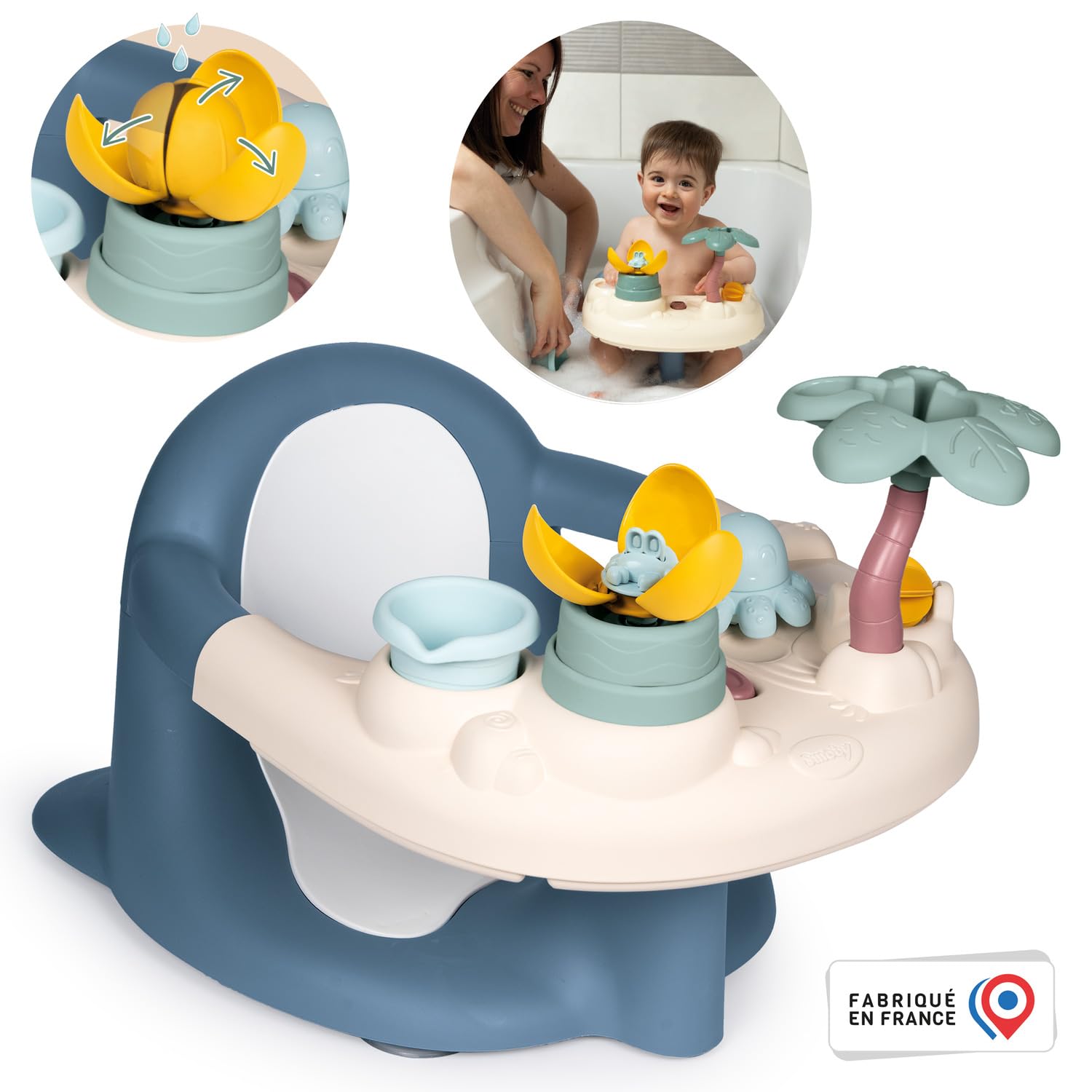 Little Smoby - siedzisko do kąpieli - tacka z zabawkami - koło łopatkowe, kubek, zraszacz palmowy, przyssawki w zestawie, magiczny kwiat, ośmiornica - od 6 miesięcy - wyprodukowano we Francji
