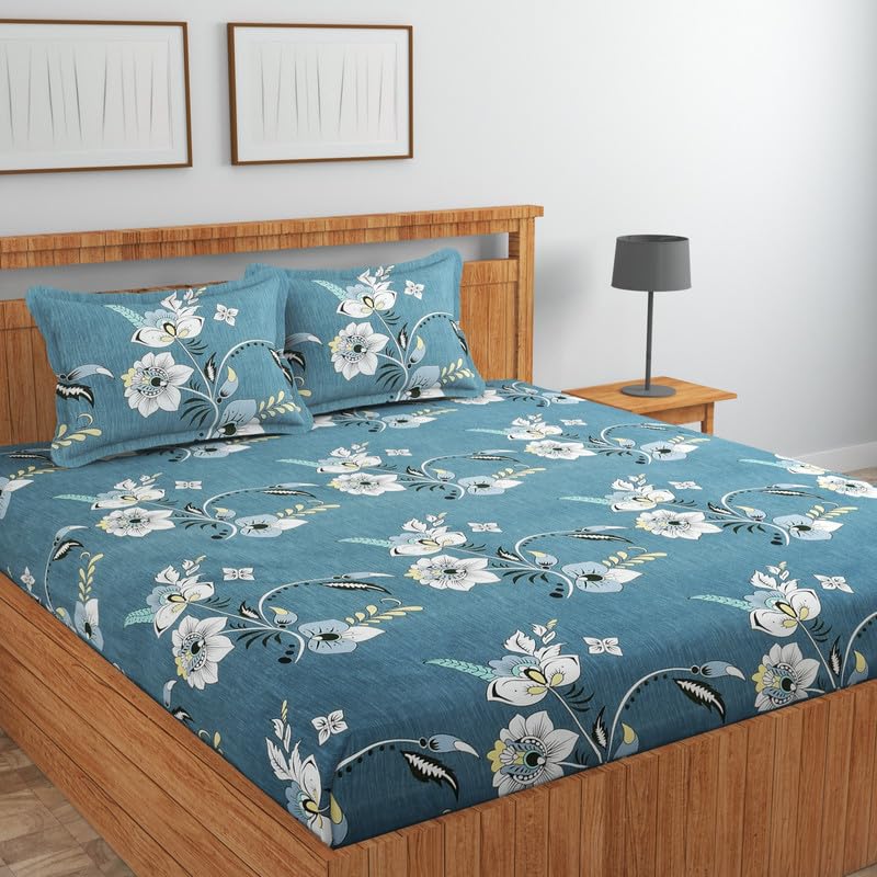 NHD HOME Premium Cotton Flat Double Bedsheets with 2 King Size Pillow Covers | Double Bed Breathable | Wrinklefree | Ultrasoft 220 tc Supersoft Floral | 90×90 Inches, Teal Blue