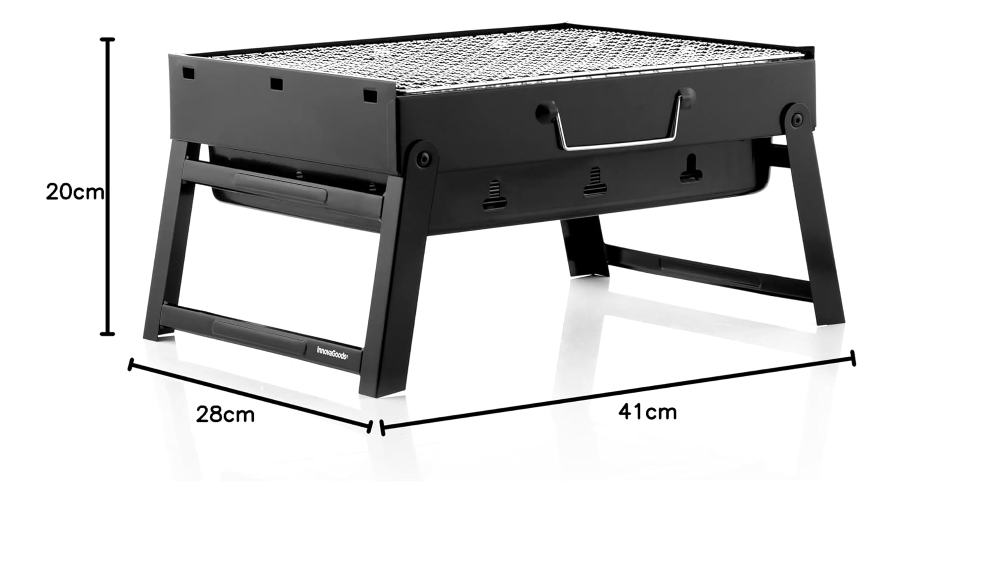 InnovaGoods® Barbecue Charbon Pliable, Mini Grill Camping Léger et Maniable, Plateau Repas Extérieur, Design Innovant, Facile à Nettoyer, Noir, Fer