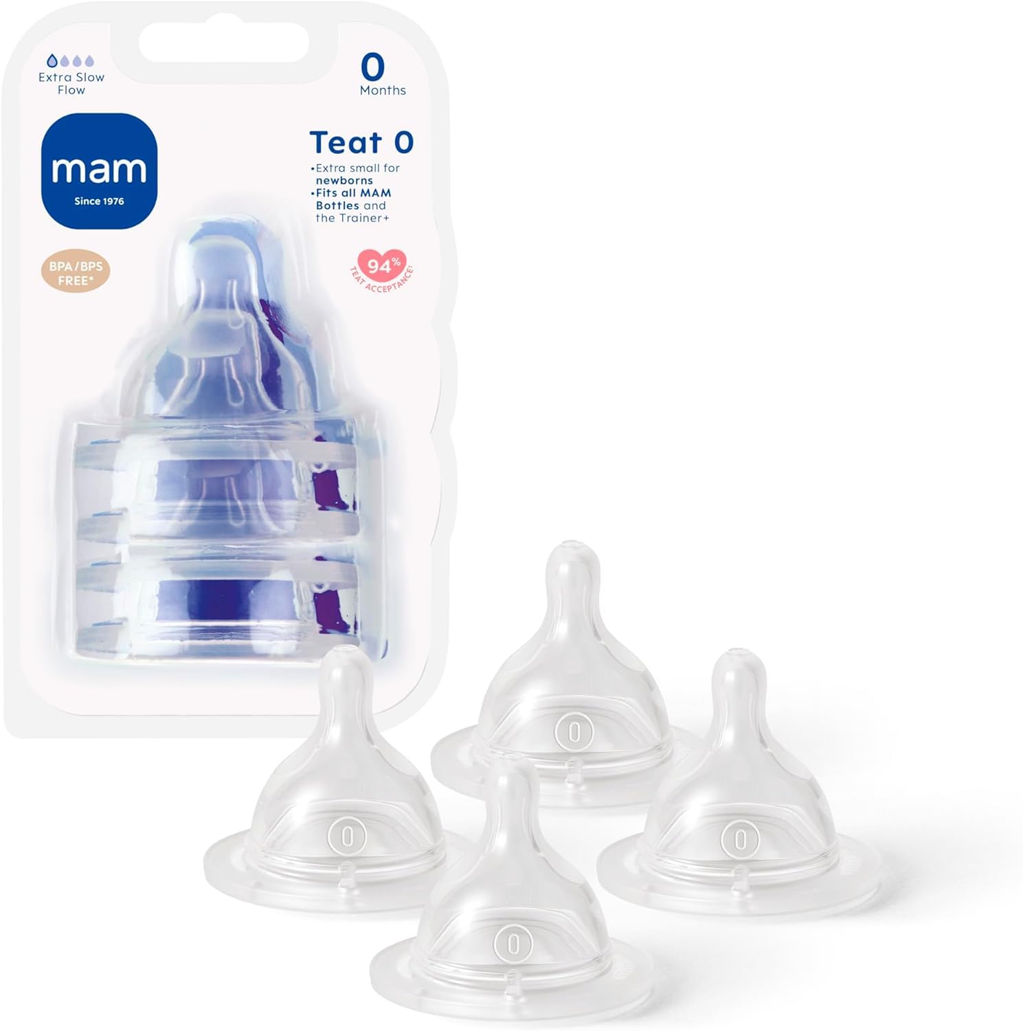 MAM Teats Size 0 | 4 Pack | Extra-Slow Flow | Fits All MAM Bottles | Made from SkinSoft Silicone | Baby Accessories for Newborn