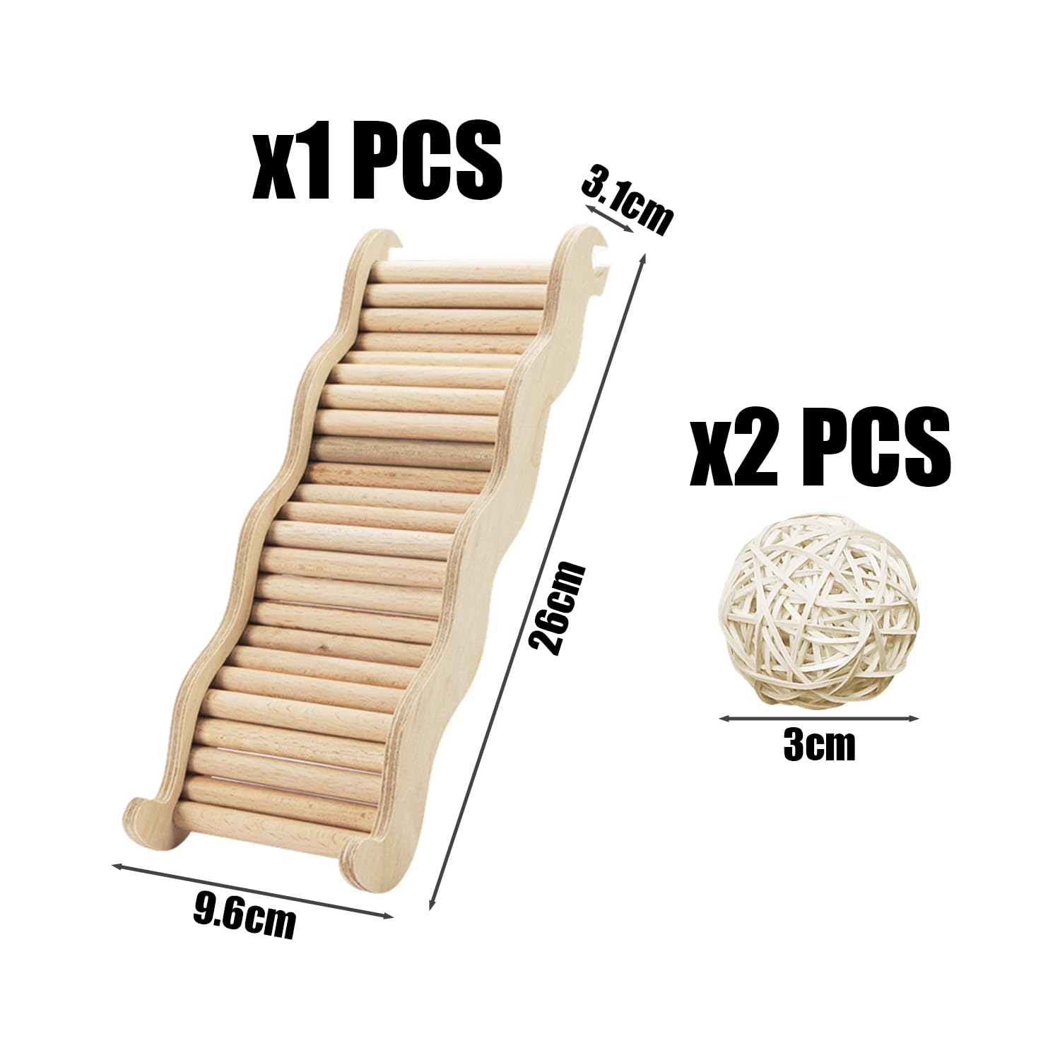 NXPWRC Wooden Hamster Ladder and Climbing Toy With 2 White Sepak Takraw Balls - Pet Habitat Wave - Image 2