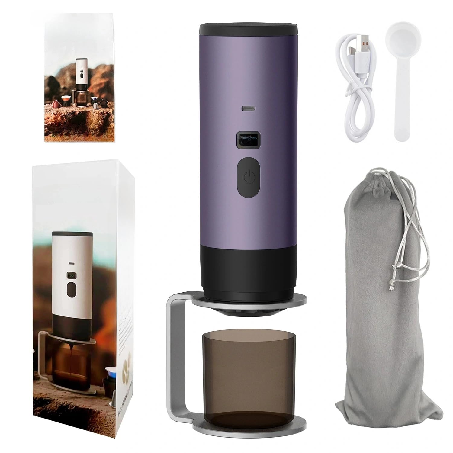 Portable Electric Espresso Coffee Maker, Rechargeable Capsule Machine, 90ML Tank, 120ML Cup, 5 Colors (Dark Night Purple High-end Edition, with Stand Velvet Bag)