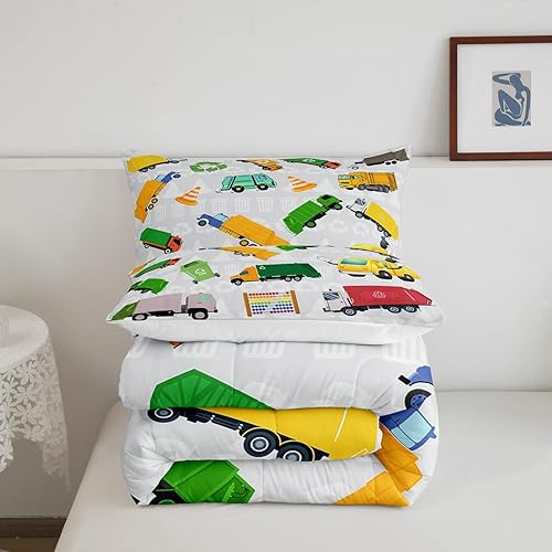 Miniatura 5 de Feelyou Juego de ropa de cama con pista de basura, juego de edredón de camión volquete de dibujos animados para niños y niñas, edredón de coche de