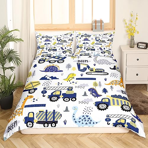 Cartoon Car Bedding Sets for Boys Full Size Toddler Kids Construction Dinosaur Duvet Cover Equipment Trucks Comforter Cover Cute Vehicles Kawaii Jungle Dino Quilt Cover Decor,Yellow Blue