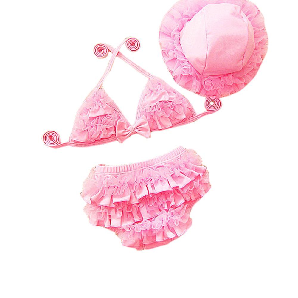 Ding Dong Baby Tollder Kid Girl Summer 3 Pieces Bikini Set with Hat Ruffle Swimwear(Pink, S)