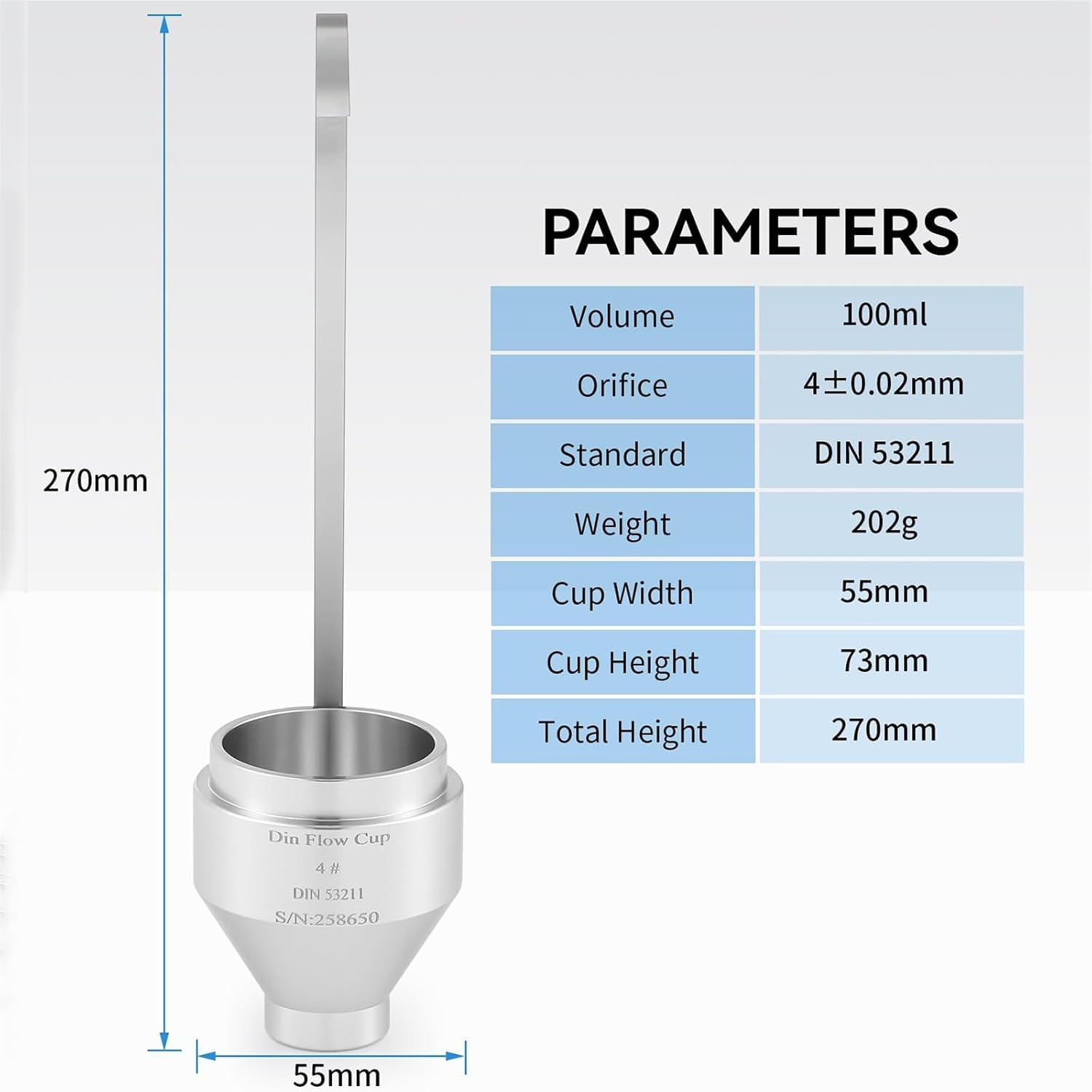 Kubek o lepkości zanurzeniowej, kubek ze stali nierdzewnej, dysza 4 mm, 100 ml, do farby, atramentu, testu lepkości powłoki