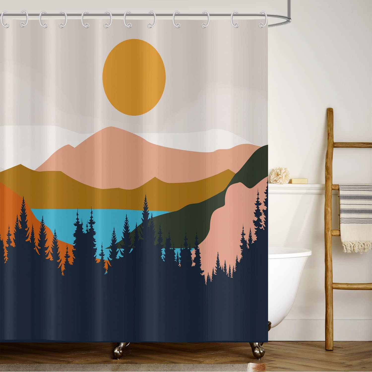 Mid Century Abstract Shower Curtain, ASDCXZ Boho Arch Sun Beige Modern Minimalistic Waterproof Shower Curtains Washable Polyester Fabric Bathroom Curtains With 12 White Hooks, 165 x 180 cm/65 x 71Inch โ image 1