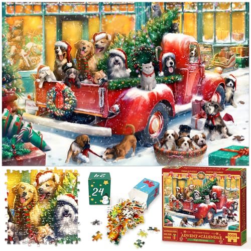 Advent Calendar 2024 Jigsaw Puzzles, Advent Calendar Puzzle 1008 Pieces for 24 Days Christmas Countdown Family Game Christmas Gifts for Kids Teens Adults, Dog’s Christmas (27.56 x 19.68 Inch)