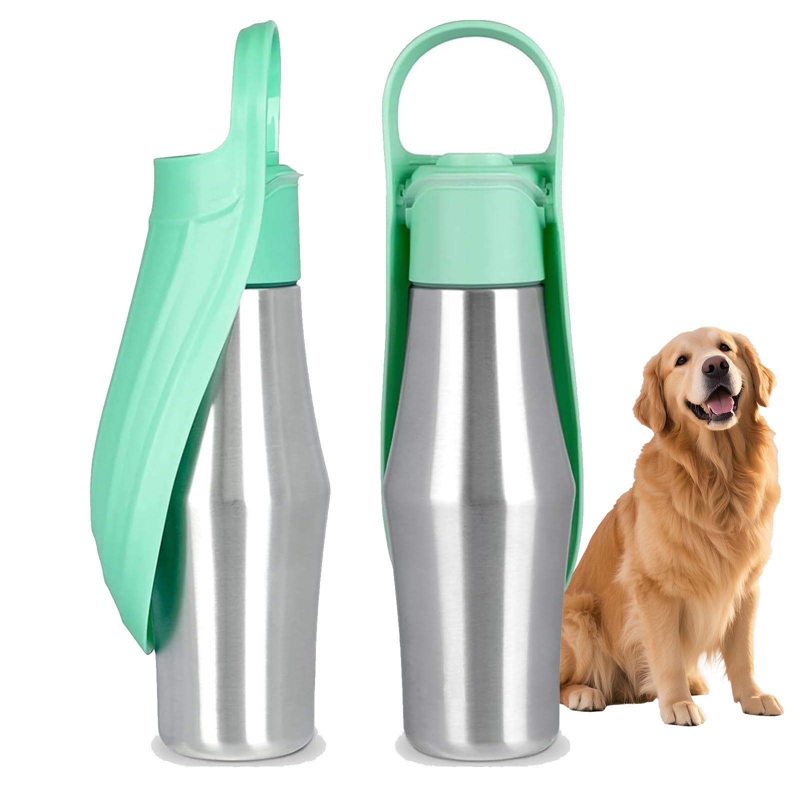 Portable Dog Water Bottles 750mL, Stainless Steel Dog Water Bottle for Walking, Leak Proof Pet Travel Bottle with Foldable Silicone Bowl,Dog Water Bottle Dispenser for Walking,Hiking (green)